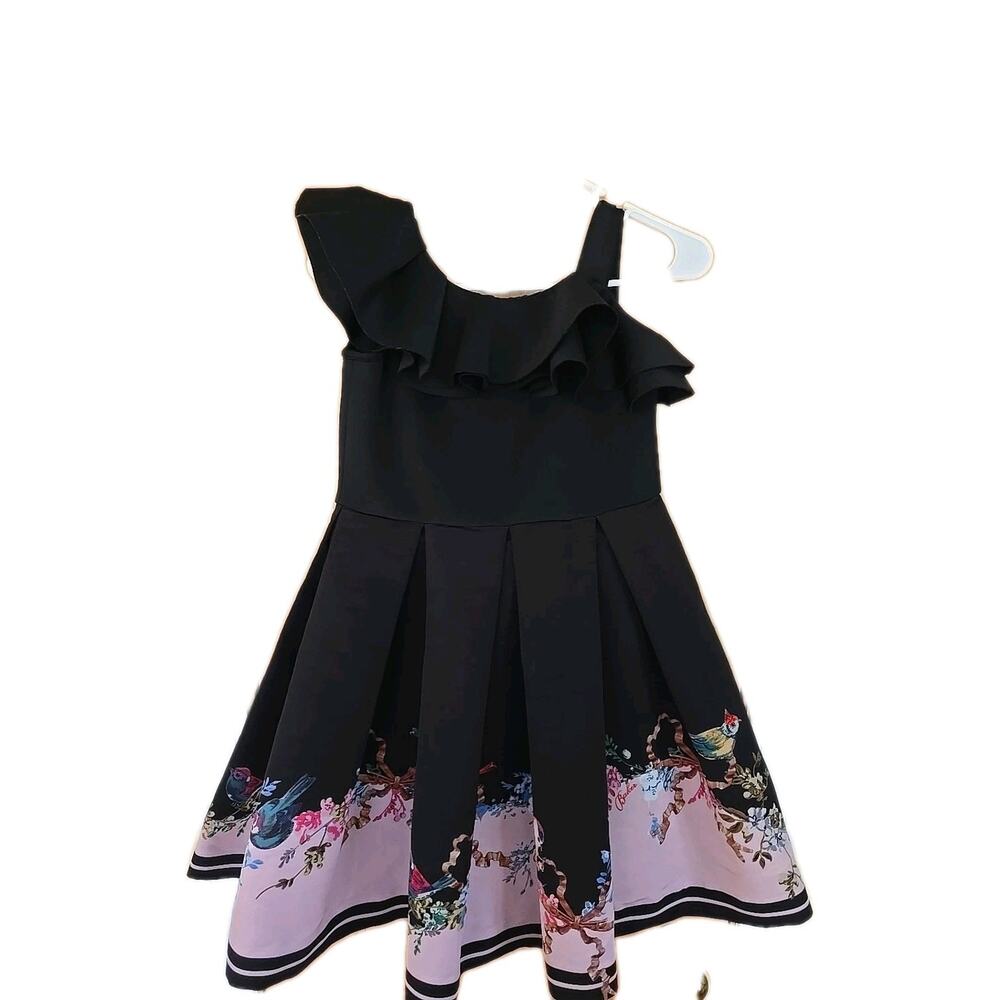 Girls Baker by Ted Baker Black Floral Birds Fit & Flare Satin Dress Girls 10